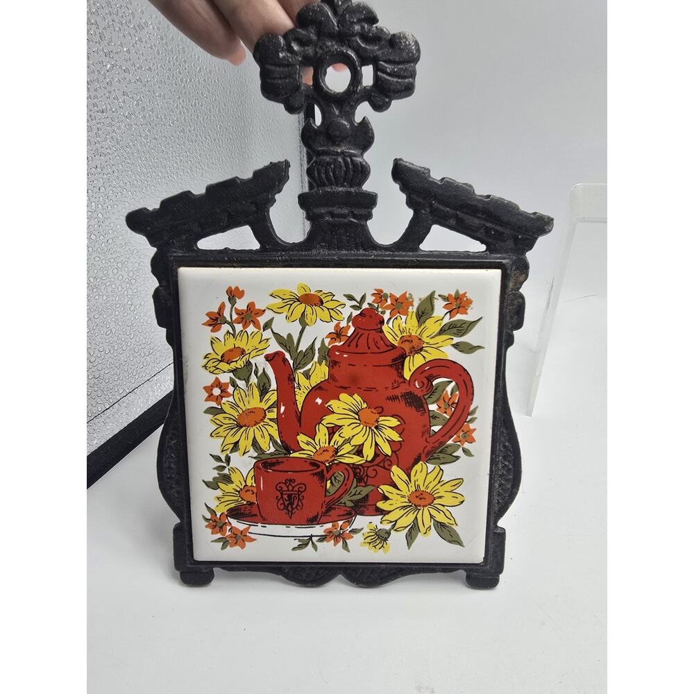 VINTAGE ~ Black Cast Iron Footed Trivet with Teapot & Flowers Themed Tile